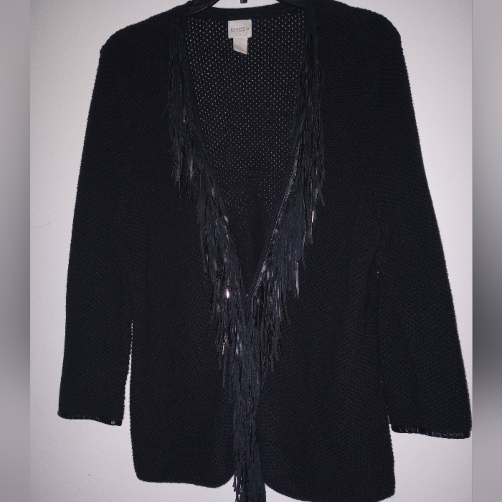 Chicos Faux Leather Fringe Open Front Waffle Knit Cardigan 2 M/L